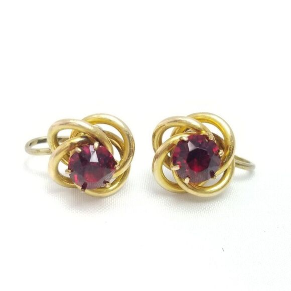 Vintage Sterling Silver Red Rhinestone Knot Design Clip On Earrings, Signed B+N - Picture 1 of 8